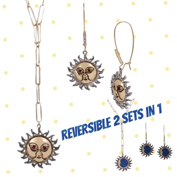 💘2-N-1 REVERSIBLE CELESTIAL SUN HOOK Y-NECKLACE & EARRINGS BLUE - Picture 4 of 10